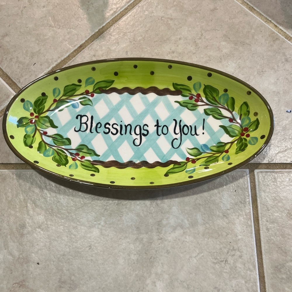 Decorative 'Blessings to You!' Oval Serving Platter - Green & Aqua